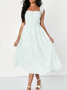 Lulu's Radiant Delight Sage Green Burnout Ruched Tie-Strap Midi Dress sz S